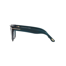 Tom Ford Square Sunglasses TR001843 in blue acetate, side profile view showing temple arm with gold-tone hinge detail and dark lens