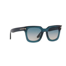 Tom Ford Square Sunglasses TR001843 in blue acetate with gold T-bar temples and gradient blue lenses, three-quarter view