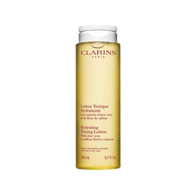 Clarins Hydrating Toning Lotion 200ml in clear bottle with yellow label, aloe vera and saffron flower extracts