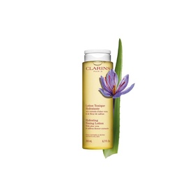 Clarins Hydrating Toning Lotion 200ml in yellow bottle with purple iris flower and green leaf styling