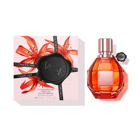 Viktor & Rolf Flowerbomb Tiger Lily Eau de Parfum 50ml with box, red faceted bottle and rose-gold cap with orange floral ribbon