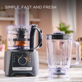 Kenwood MultiPro Compact Food Processor & Blender in grey, shown with detached blender jug attachment on kitchen countertop.