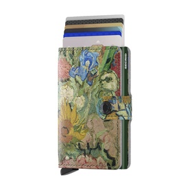 Secrid Floral Mini Wallet in multi floral print, compact leather design with aluminium Cardprotector, cards fanned out at top