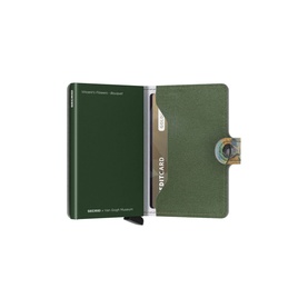 Secrid Floral Mini Wallet in multi, open showing aluminium card slide mechanism, floral button detail and leather exterior