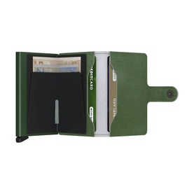 Secrid Floral Mini Wallet open showing aluminium Cardprotector with slide-out mechanism, card slots, and button fastening in green