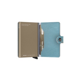 Secrid Floral Mini Wallet in blue, open showing aluminium card slide mechanism, button fastening and leather exterior with floral print detail