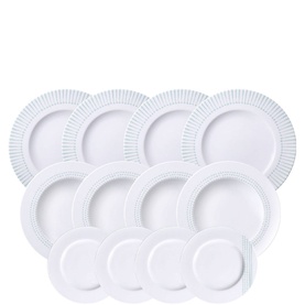 Tramontina Monocroma 12-Piece Porcelain Dining Set in white with pale green border detailing, showing four dinner, four deep, and four side plates