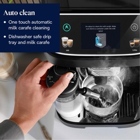 Delonghi Magnifica Plus Bean to Cup Coffee Machine in black, hand demonstrating auto clean milk carafe function