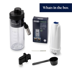Delonghi Magnifica Plus Coffee Machine black - what's in the box: milk jug, water filter, cleaning pin, and coffee scoop
