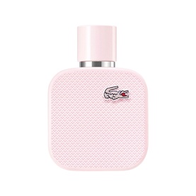 Lacoste L12.12 Rose Eau de Parfum, pale pink square bottle with textured casing and signature crocodile logo cap