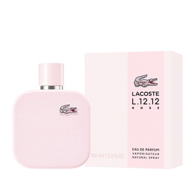 Lacoste L.12.12 Rose Eau de Parfum 100ml, pale pink bottle with silver cap beside matching pink gift box