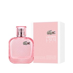 Lacoste L12.12 Rose Sparkling Eau de Toilette 50ml, pink bottle with silver cap beside pink gift box