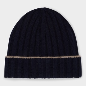 Brunello Cucinelli Cashmere Beanie Hat in navy, ribbed knit with turned-up brim and contrast beige trim detail