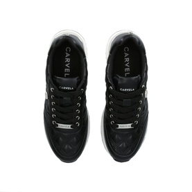 Carvela Diamond Quilt Trainers in black with silver-tone eyelets, lace-up fastening, quilted diamond stitching and white chunky sole, top-down view