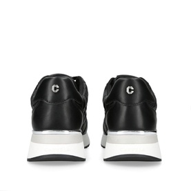 Carvela Diamond Quilt Trainers in black, rear view showing silver-tone heel plate, Icon C stud branding, and white chunky sole