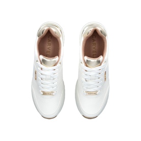 Carvela Fleet Trainers in white with rose gold metallic heel plate, gold-tone hardware, lace-up fastening and chunky sole, top-down view