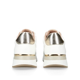 Carvela Fleet Trainers in white, rear view showing gold-tone heel plate, metallic trim, chunky white sole with gold hardware detail