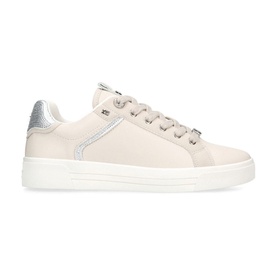 KG by Kurt Geiger Lillian Trainers in beige with silver metallic heel counter, lace-up fastening, logo studs, and white flatform sole