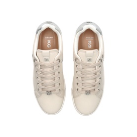 KG by Kurt Geiger Lillian Trainers in beige, lace-up with silver-tone hardware, logo studs, and embellished contrast heel counter, top-down view
