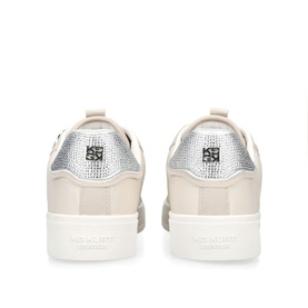 KG by Kurt Geiger Lillian Trainers in beige, showing rear view with silver crystal-embellished heel counter, logo studs and white sole
