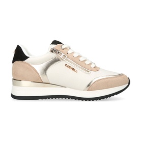 Carvela Janiero Zip Trainers in brown, cream and gold-tone panels, side zip detail, lace-up, low-top, white sole