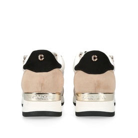 Carvela Janiero Zip Trainers in brown suede, rear view showing gold-tone heel plate, black collar panel and Icon C stud branding
