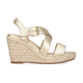 KG by Kurt Geiger Pamela 2 Wedges in gold polyurethane with crossover straps, buckle fastening, open toe, and braided rope wedge heel