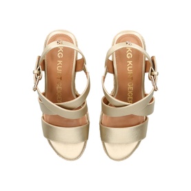 KG by Kurt Geiger Pamela 2 Wedges in gold with cross-over foot straps, buckle fastening, and round open toe, overhead view