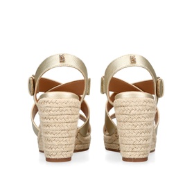 KG by Kurt Geiger Pamela 2 Wedges in gold with cross straps, buckle fastening, and espadrille rope wedge heel, rear view