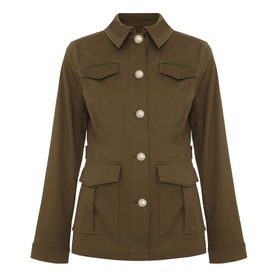 Hobbs Farrah Button-Down Jacket in green with classic collar, gold buttons, four flap pockets, and fitted waist