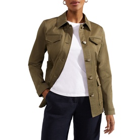 Model wearing Hobbs Farrah Button-Down Jacket in green with military flap pockets and gold buttons, styled with white tee and navy trousers
