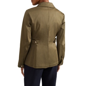 Model wearing Hobbs Farrah Button-Down Jacket in green, rear view showing fitted waist tab detail, buttoned cuffs and classic collar