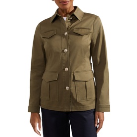Model wearing Hobbs Farrah Button-Down Jacket in green with classic collar, four military flap pockets and front button fastening