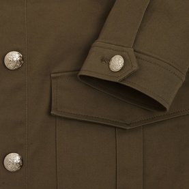 Hobbs Farrah Button-Down Jacket in green, close-up of silver military-style buttons and buttoned cuff detail on cotton fabric