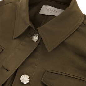 Hobbs Farrah Button-Down Jacket in green, close-up of classic collar and silver military-style buttons with chest pocket detail