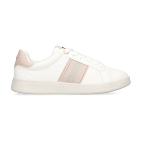 KG by Kurt Geiger Liza Stripe Trainers in white with iridescent side stripes, pink heel panel, gold pin embellishment, and white sole