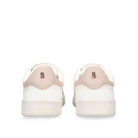 KG by Kurt Geiger Liza Stripe Trainers in white with pink heel panel, gold pin embellishment, on cream sole, rear view