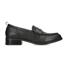 KG by Kurt Geiger Millie Loafers in black polyurethane with penny strap, gunmetal pin, and block heel, side view