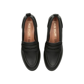 KG by Kurt Geiger Millie Loafers in black, overhead view showing slip-on penny loafer style with cut-out strap and tan branded insole