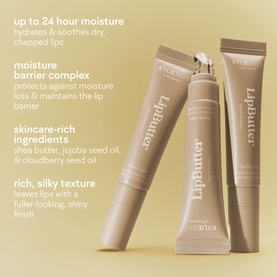 Kylie Cosmetics Lip Butter lip balm tubes in neutral beige packaging, shown upright with key skincare benefits text overlay