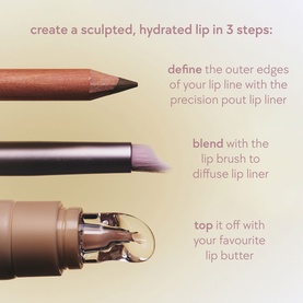 Kylie Cosmetics Lip Butter shown alongside a lip liner pencil and lip brush with 3-step sculpted, hydrated lip tutorial text