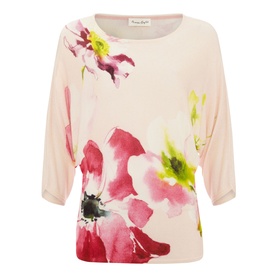 Phase Eight Erika Placement Floral Sweater in blush with pink and green large floral print, round neck, three-quarter batwing sleeves