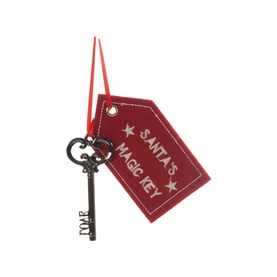 Festive Productions Santa's Magic Key Tree Decoration, dark metal key charm with red felt gift tag printed with Santa's Magic Key