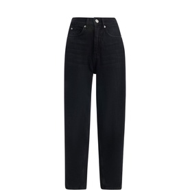 Whistles Authentic Barrel Leg Jeans in black, 100% cotton, high-waisted barrel-leg silhouette with five-pocket styling