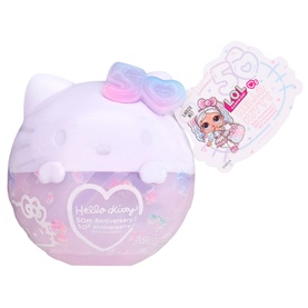 LOL Surprise Loves Hello Kitty Tots Doll in pastel purple Hello Kitty-shaped ball with bow, featuring glitter heart detail and hang tag