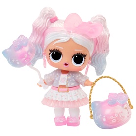 LOL Surprise Loves Hello Kitty Tots Doll with pink pigtails, iridescent outfit, star wand accessory, and gold Hello Kitty basket purse