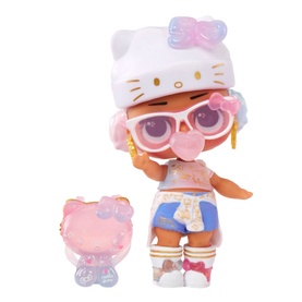 LOL Surprise Loves Hello Kitty Tots Doll with white cat-ear hat, glasses, denim shorts outfit and pink Hello Kitty-shaped purse accessory