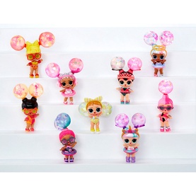 LOL Surprise Water Balloon Tots Dolls in assorted styles, each with oversized colourful water balloon accessories, displayed on tiered white shelves