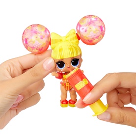 LOL Surprise Water Balloon Tots Doll with yellow bow hair, red outfit, held by hands alongside pink water balloons and bottle accessory