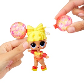 LOL Surprise Water Balloon Tots Doll with yellow hair bow, shown with orange confetti-filled reusable water balloons being pulled apart by hands